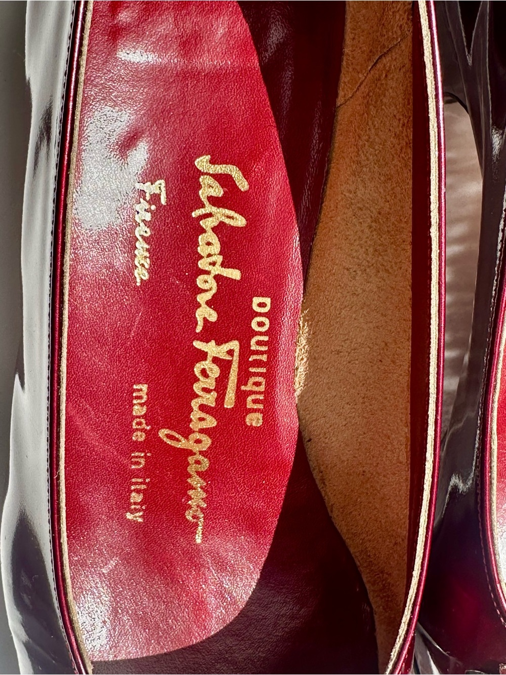 Salvatore Ferragamo Metallic Burgundy Red Patent Low Heel Ballet Pump, Bow, 7 B - Picture 7 of 15